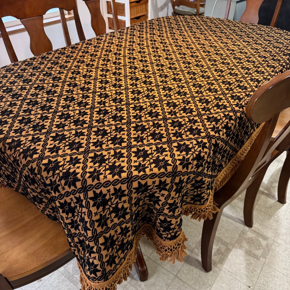 Vintage Bates Black Brown Oval Fringed Tablecloth 64x108" Pompeii Masterpiece